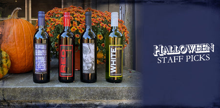 750ml bottles of Harbinger, Chaddsford Red, Cabernet Sauvignon and Chaddsford White are lined up with the following text on the left "Halloween Staff Picks"