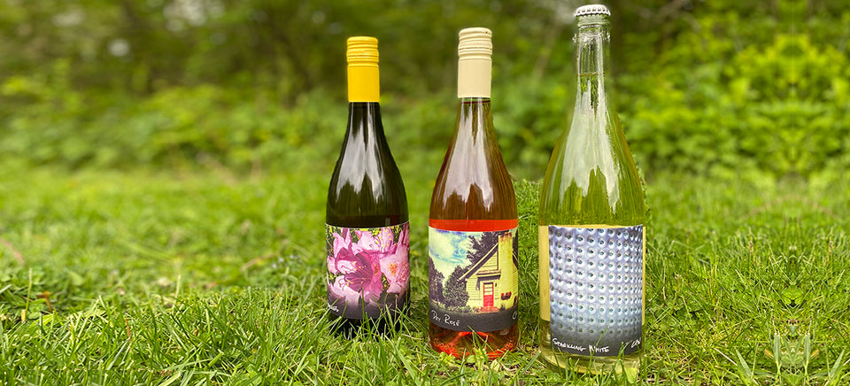 Three 750ml bottles of Sparkling White, '19 Dry Rosé and '19 Vignoles are placed on a grassy landscape. 