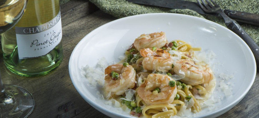 Creamy Garlic Linguini with Pinot Grigio Poached Shrimp Recipe