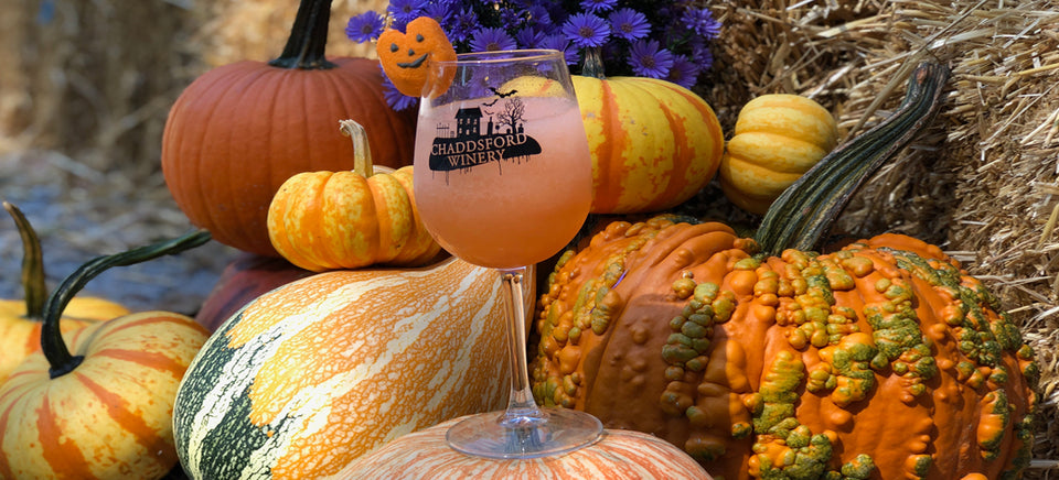 Chaddford's scarecrow slushie balances on an orange pumpkin with an assortment of gourds and pumpkins in the background. 