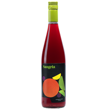 750ml bottle of Sangria. Black bottle with green screw cap. Black label has texturized green apple, lemon, purple grapes and orange on it.