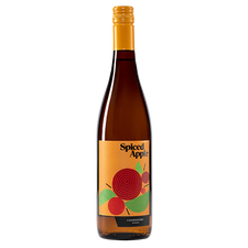 750ml bottle of Spiced Apple. Black bottle with orange screw cap. Orange label with textured red and green apples.