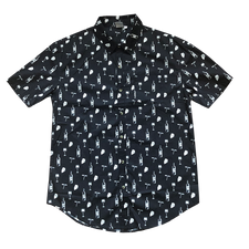 Front of men's button up black shirt with small repeated patterns of cheese blocks, wine bottles, wine openers and glasses of wine